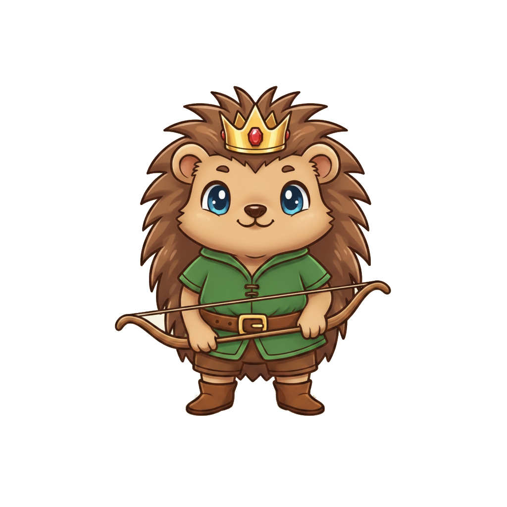 The Hedgehog King — Crownhood's crowned hedgehog mascot in a green Robin Hood tunic, holding a longbow